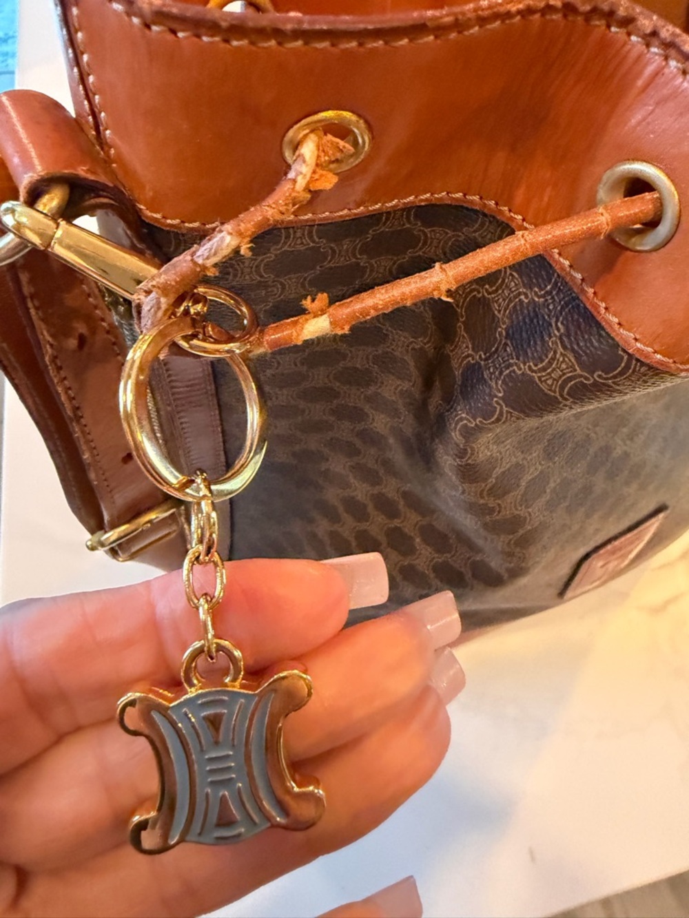 Celine Brown Monogram Leather-Trim Drawstring Bucket Bag - Picture 5 of 10